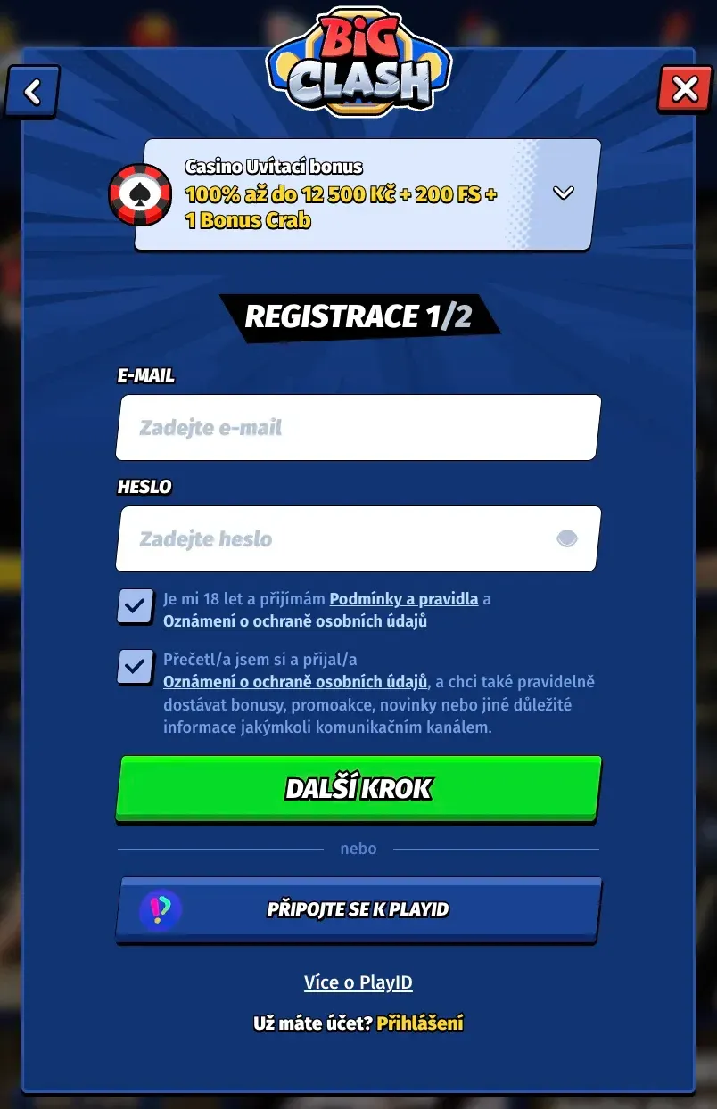Registrační formulář v kasinu Bigclash